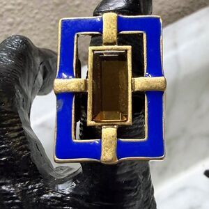 Lia Sophia Modernist Ring Blue Enamel Brown Baguette Stone Size 5.5